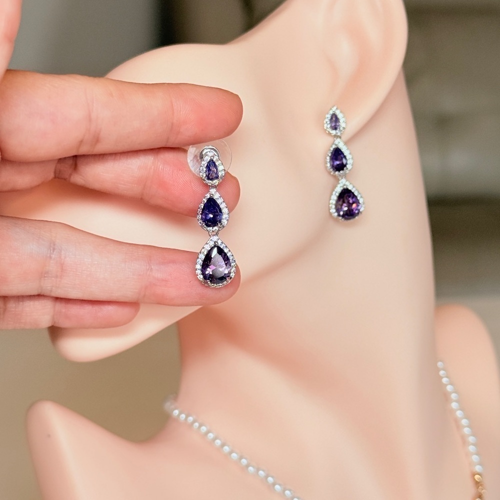 Classic Purple Drop Earrings With Cubic Zirconia - Picture 3 of 11